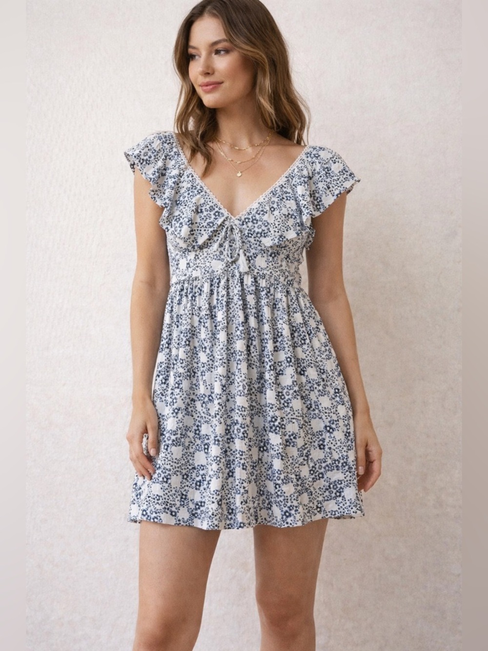 Anthropologie Floral Babydoll Dress XS Petite Blue White Ruffle Boho Cottagecore